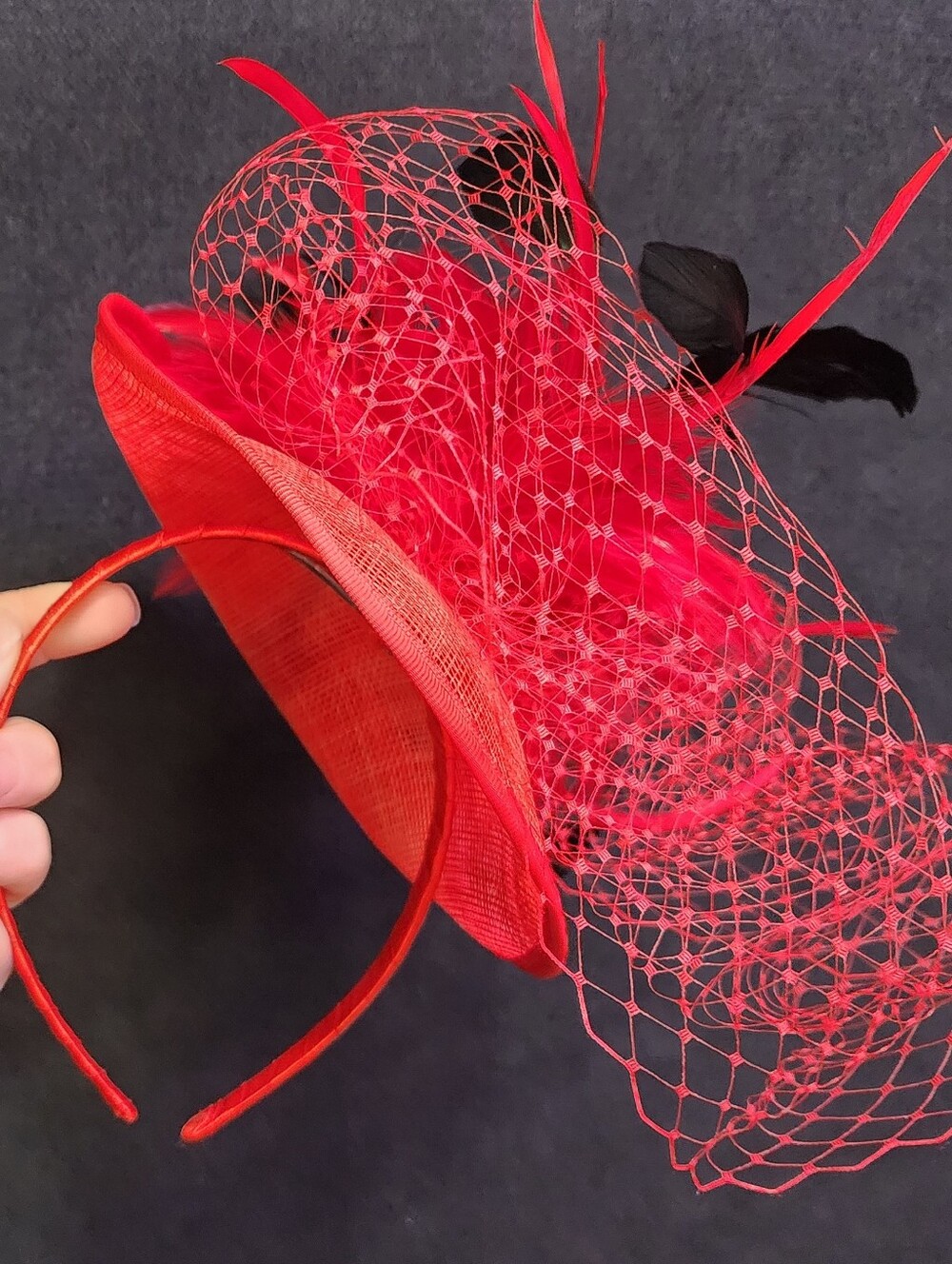 Red Fascinator Headband/Hair Clip with Netting and Feathers